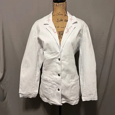 Denim&Co Embroidered Boho Western Denim Jacket Floral Accents White Size 1X - Image 1 of 4