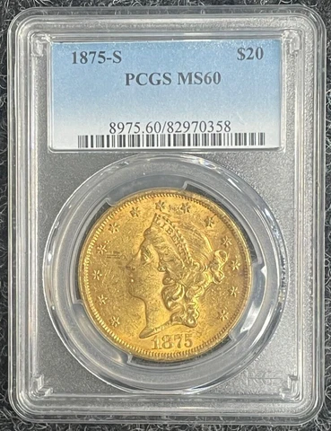 1875-S $20 Liberty Type II Gold Double Eagle PCGS MS-60, Semi Key Date Gold Coin Cover