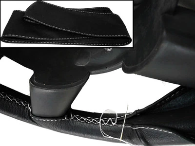 FOR FORD C-MAX 03-08 REAL BLACK LEATHER STEERING WHEEL COVER WHITE STITCHING NEW - Image 1 of 4