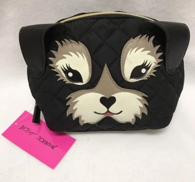 Betsey Johnson Kitsch Puppy Dog Black Quilted Cosmetic Bag Case Brand New! - Image 1 of 4