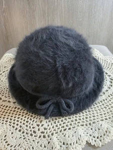 Vintage Kangol Furgora Emma Hat Gray Angora Rabbit Hair Fuzzy Cloche UK Bow Y2K - Picture 1 of 10