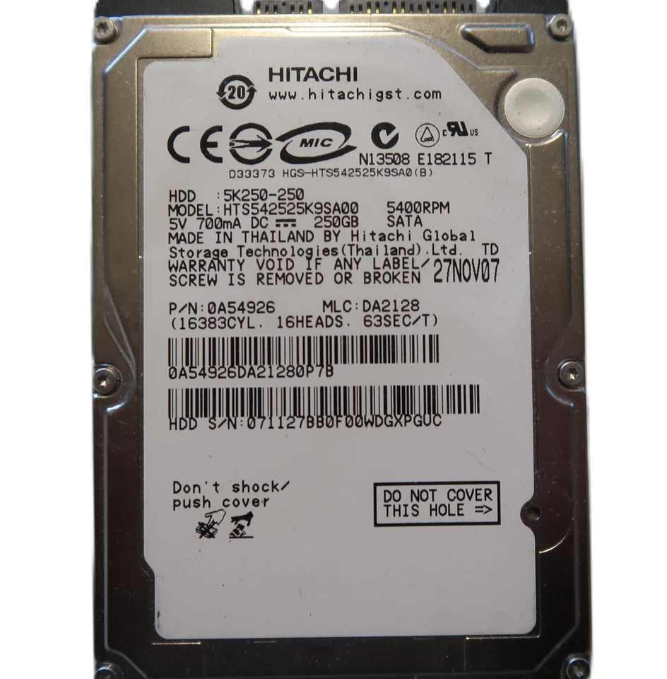 Hitachi HTS542525K9SA00 PN:0A54926 MLC:DA2128 Thailand 250gb 2.5" Sata HDD NOV07 - Image 1 of 1