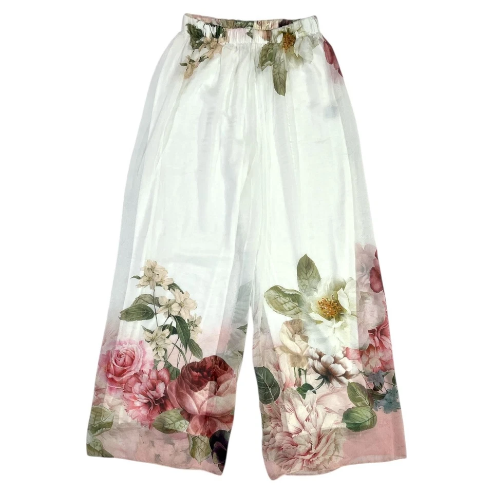 Moda Seta Italy Pants Womens Medium Pink Floral Wide Leg Palazzo Silk Blend - Image 1 of 4