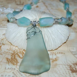 Wire Wrapped Light Green Faux Sea Glass Necklace 20" Handmade Beaded Jewelry - Picture 1 of 4