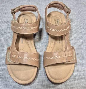 Clarks Collection Adjustable Leather Sandals Roseville Mae Light Tan Sz 7.5 - Picture 1 of 11