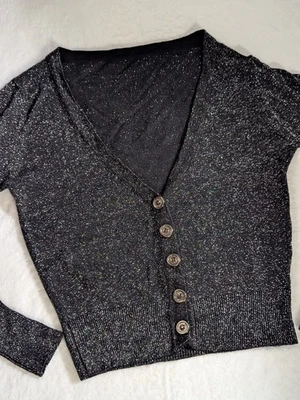 Cárdigan negro tejido lentejuelas talla única para mujer bordado hilo plateado brillante  Foto 1 de 4