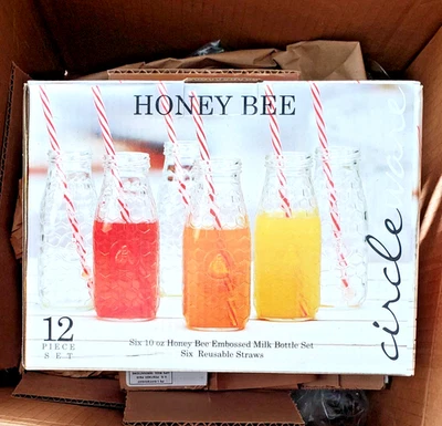 NEW! Honey Bee Embossed Glass Milk Bottle Set(6) Honeycomb Pattern w/Straws - Image 1 of 3