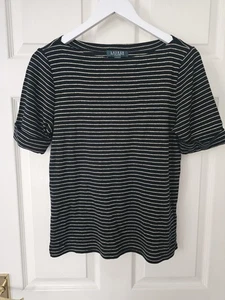 Lauren Ralph Lauren Top T-Shirt Black & Gold Striped Size Large Petite Stretch - Picture 1 of 11