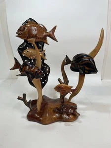 Vintage Wood Carved Ocean Fish Sculpture  Changeable Scene Teak Beach House Gift - Picture 1 of 16