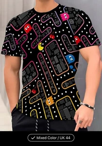 Retro Gaming Pac-Man Inspired Black And Multicoloured Crew Neck T-shirt 2XL - Picture 1 of 4