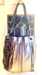 B Makowsky Shoulder Dual Strap Metalic Silver Leather Hobo Bag Silver Hardware - Picture 1 of 12