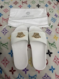 Authentic! VERSACE Woman Pool Slides GOLD MEDUSA Logo Palazzo SANDALS Size 8 - Picture 1 of 9
