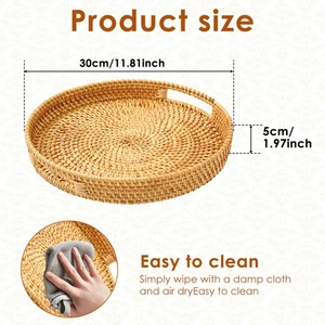 Round Coffee Table Tray Handwoven Rattan Ottoman Tray with Built in beqcC - Picture 1 of 11