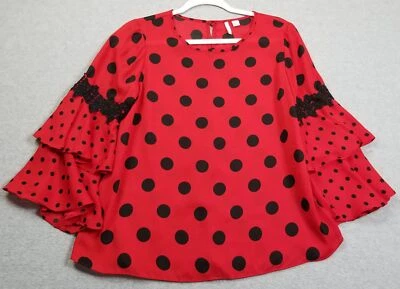 Blusa Cato Top Mujer Pequeña Roja Negra Lunares Manga Larga Campana Cha Cha Foto 1 de 4