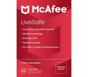 McAfee® Live Safe, suscripción prepagada de 1 año para dispositivos ilimitados publicación gratuita - Imagen 1 de 4
