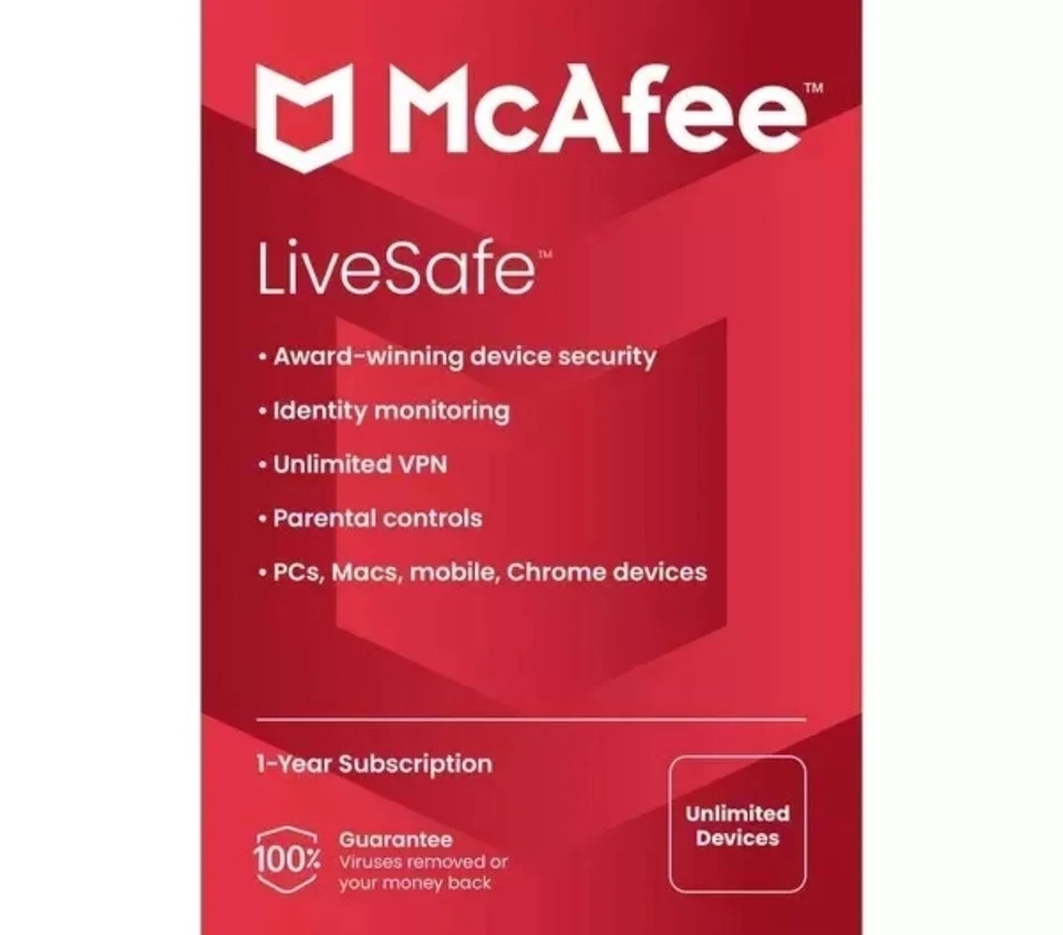 McAfee® Live Safe, 1 Year Pre-Paid Subscription for Unlimited Devices Free Post - Image 1 of 4