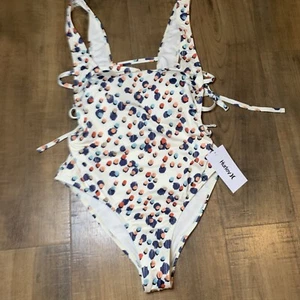 Hurley Dot One Piece Swim Suit Square Neck Cream Bright Print HRO22021 Sz Small - Picture 1 of 3