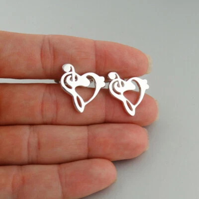 Treble Clef Bass Clef Heart Cuff Links - 925 Sterling Silver - Music Toggle Back - Image 1 of 4