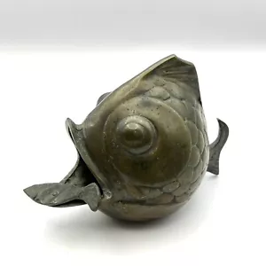 Vintage Solid Brass Fish Ashtray Smaller Fish In Open Mouth Mid Century Modern - Picture 1 of 11