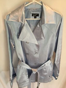 WOMENS NEW PALE BLUE SATIN Black Rivet Jacket Belted Trench Coat SIZE XL 42" - Picture 1 of 5