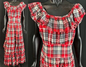 Vintage Red Black & White Gingham Plaid Check Ruffle Flounce Belted Maxi Dress - Picture 1 of 2