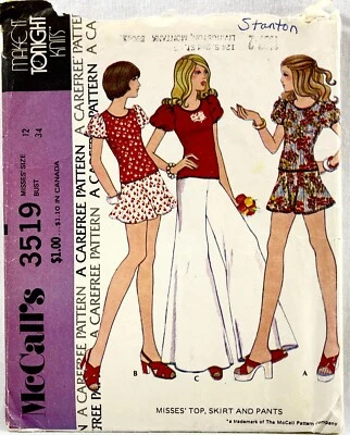 1973 McCalls patrón de costura 3519 mujer tejido top falda pantalones Palazzo talla 12 16264 Foto 1 de 4