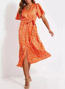 THREADBARE LADIES ORANGE PRINT SATIN MIDI DRESS NEW (ref R) SALE