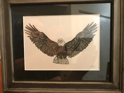Dibujo a pluma y tinta de águila calva enmarcada y enmarañada, obra de arte original, firmada Foto 1 de 4