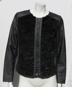 ALFANI Women’s Black Stretch Ponte Knit Faux Leather Fur Jacket Top M 12 12P - Picture 1 of 6