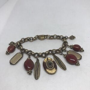 Chico’s Antique gold tone charm bracelet Red Glass Stone Bohemian 7 1/2”