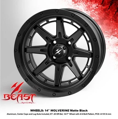 GOLF CART 14"x7" 'WOLVERINE' (BEAST) MATTE BLACK ALUMINUM WHEELS / RIMS x4 Foto 1 de 2