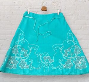 Monsoon Linen Summer Skirt Size 14 Turquoise Floral Embroidery Boho Holiday