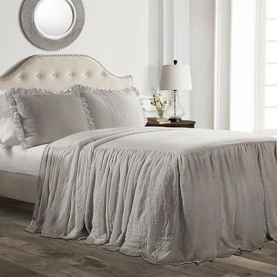 GRAY GREY  Twin Full Queen King Size Solid Ruffled Farmhouse Bedspread Set Shams - Image 1 of 4