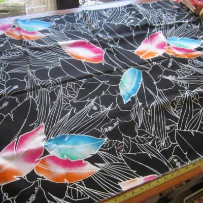 50cm x 112cm Vintage Cotton Sewing Fabric 1980s Black Bold Rainbow Leaves Retro - image 1 of 4