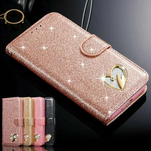 For Samsung S22 Ultra Note20 S9 S8 Leather Bling Heart Wallet Glitter Case Cover - Picture 1 of 41