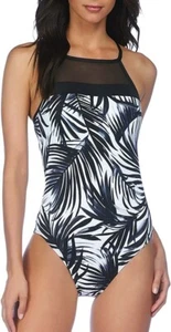 Traje de baño de una pieza negro/blanco con estampado de palmas y cuello alto para mujer Ralph Lauren talla 12 - Imagen 1 de 3