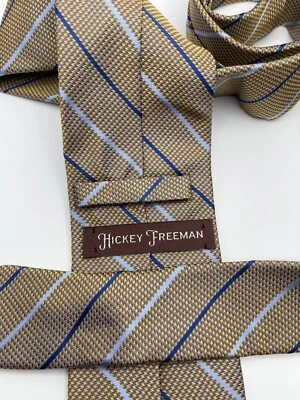 HICKEY FREEMAN шелковый галстук коричневый бронзовый золотой гончая синий в полоску изысканный - Изображение 1 из 4