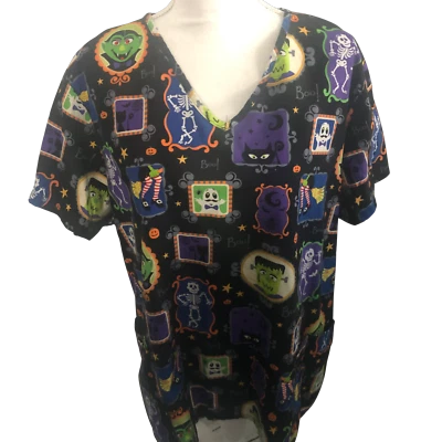 SB Scrubs Scrub Top Size 2X Boo! Ghosts Witches V neck Side Vents Utility Pocket - Image 1 of 4