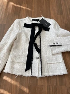 A174 ZARA GORGEOUS BLACK BOW WHITE ECRU FANTASY BLAZER JACKET COAT MEDIUM - M - Picture 1 of 13