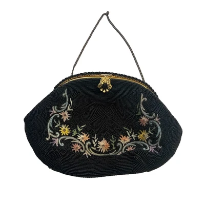 Vintage 30s to 40's French Black Beaded Silk Embroidered Evening Purse Handmade - Image 1 of 4