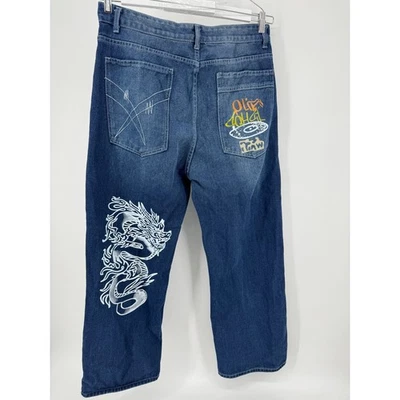 Men's 2XL Dragon Graphic Baggy Jeans Old School Hip Hop Embroidered Denim - Image 1 of 4