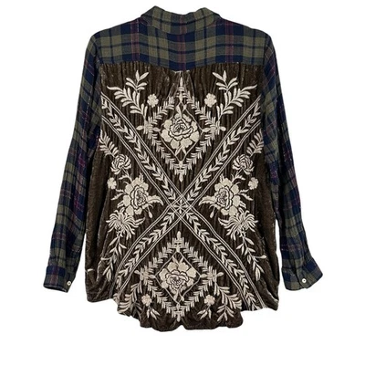 Johnny Was Workshop Plaid Button Up Small Embroidered Velvet Long Sleeve Boho - Image 1 of 4