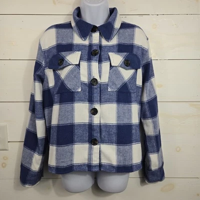 Chaqueta BB Dakota Steve Madden para mujer mediana azul a cuadros bolsillos con botones Foto 1 de 4