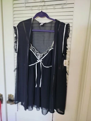 Linea Donatella 2 件全新带标签 Neglige & Robe 透明黑色白色花边缎面装饰 XL — 第 1/4 张图片