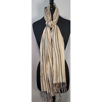 Beige Striped Fringe Scarf Sparkle Accents Boho Coastal Classic Fall EUC - Image 1 of 4