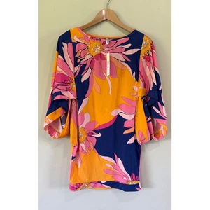 Trina Turk abito donna 4 Luv tunica top rosa navy arancione floreale manica larga boho - Foto 1 di 7