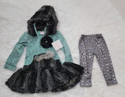 Nuevo con etiquetas Conjunto Conjunto Con Capucha Lentejuelas de Piel Floral Negro Teal Giggle Moon Lote 12M Foto 1 de 4