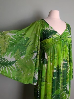 Vestido Robert David Morton Estampado Helecho Transparente Cintura Imperio Verdadero Vintage Flutter Años 70 Foto 1 de 4