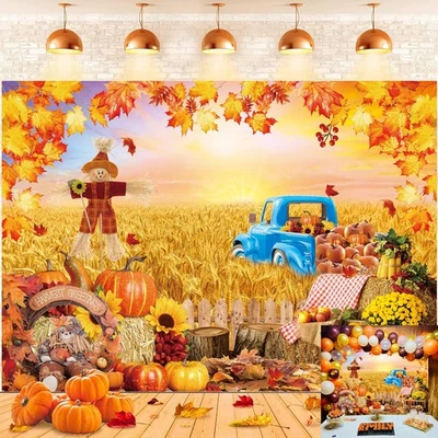7x5 FT Fall Pumpkin Photography Backdrop, Autumn Harvest Hay Maple Leaves - Image 1 of 4