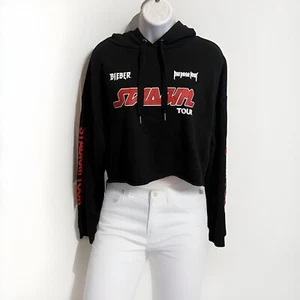 š„Justin Bieber Hoodie Women M Black Crop Top Purpose Tour Stadium Sweatshirtš„ - Picture 1 of 9